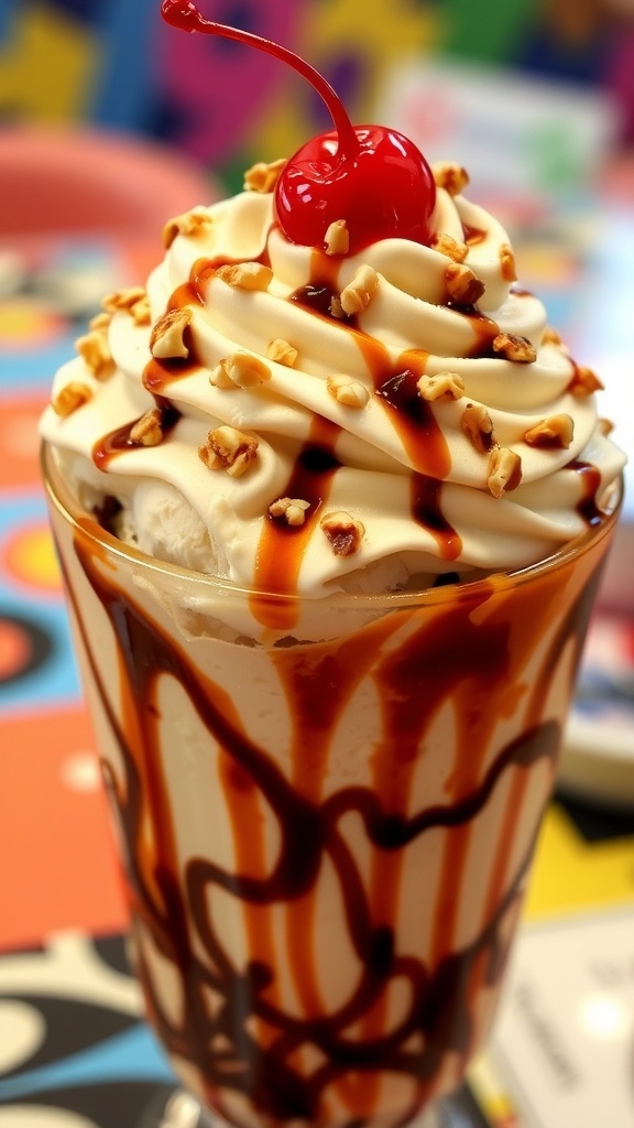 A classic ice cream sundae with vanilla ice cream, chocolate syrup, whipped cream, nuts, and a cherry.